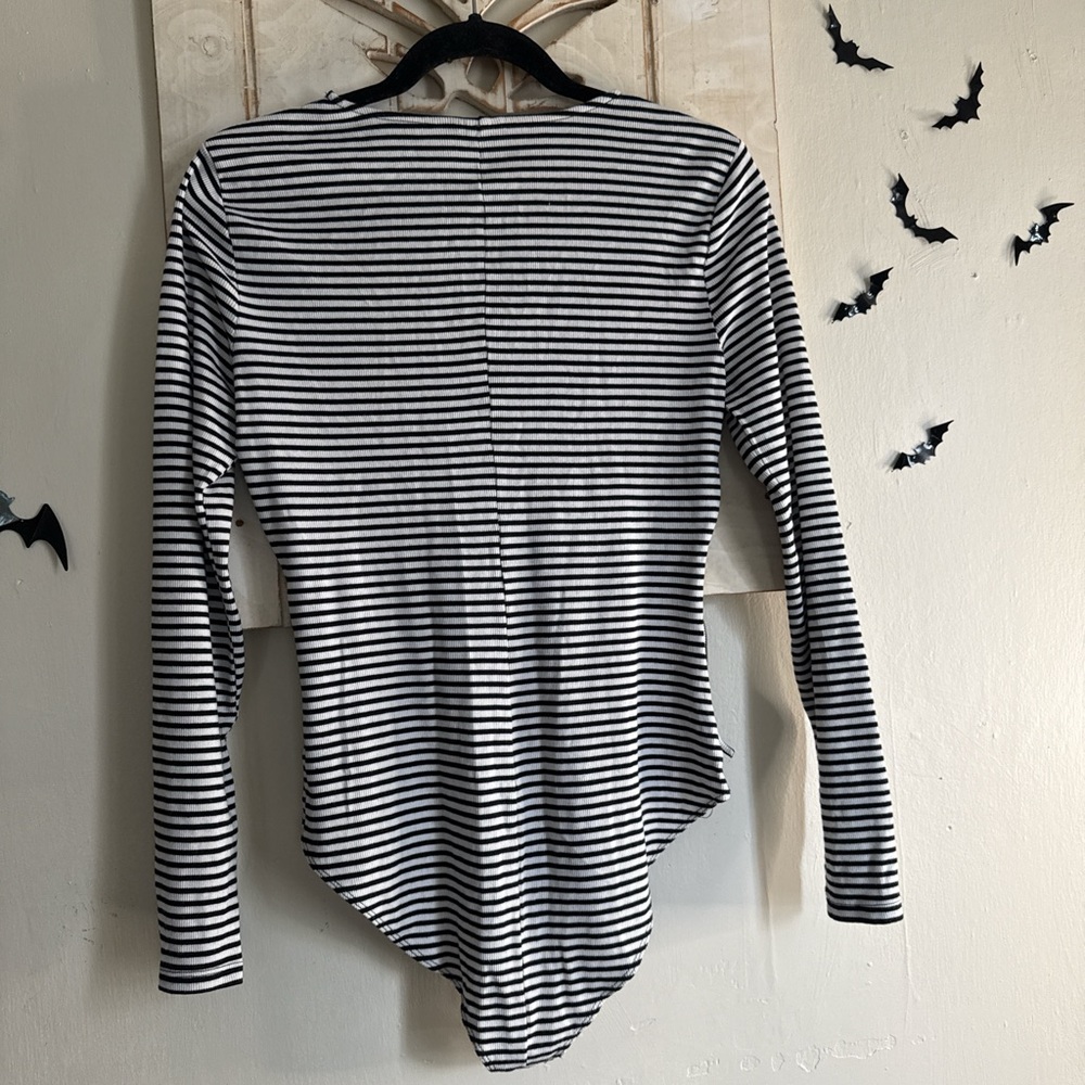 Who What Wear Black and White Striped Lace-Up Bodysuit - Picture 3 of 3